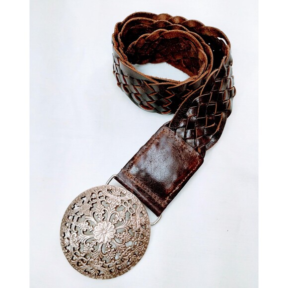 2000s Jessica Simpson Leather Braid Belt Large Round Silver Buckle Imported. L. - Picture 5 of 5